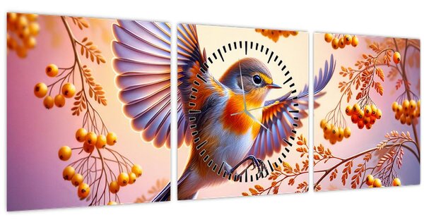 Obraz - Pták s Jeřabinou (s hodinami) (90x30 cm)
