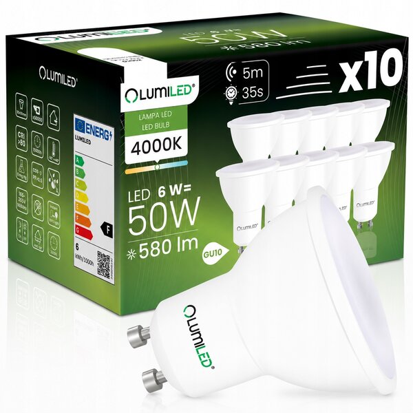 10x LED žárovka GU10 reflektor PAR16 6W = 50W 580LM 4000K neutrální bílá Lumiled
