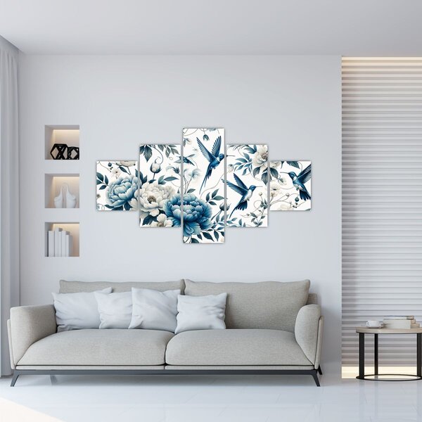Obraz - Kolibříci s květy (125x70 cm)