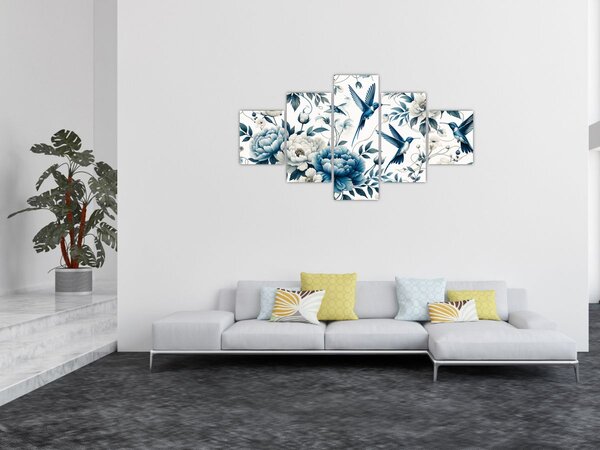Obraz - Kolibříci s květy (125x70 cm)