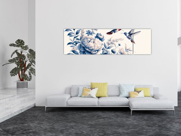 Obraz - Kolibříci nad květinou (170x50 cm)