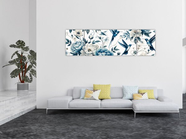 Obraz - Kolibříci s květy (170x50 cm)