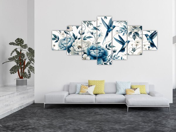 Obraz - Kolibříci s květy (210x100 cm)