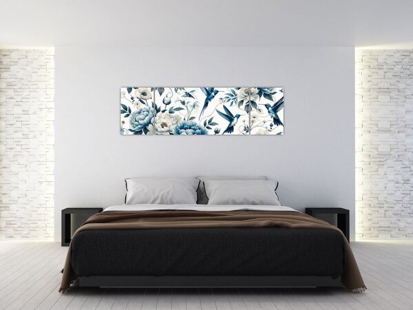 Obraz - Kolibříci s květy (170x50 cm)