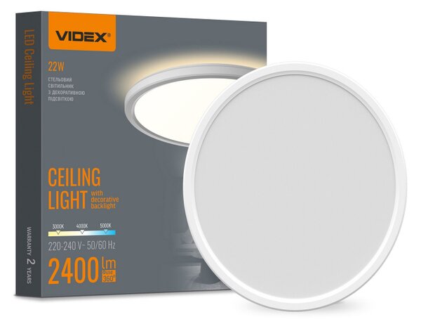 LED svítidlo s podsvícením stropní svítidlo VIDEX DL5R 22W 3000K–4000K–5000K Bílé