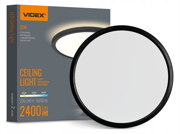 LED svítidlo s podsvícením stropní svítidlo VIDEX DL5R 22W 3000K–4000K–5000K Černé