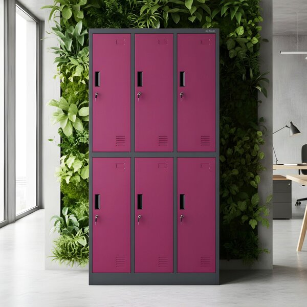 Plechová šatní skříň 6 boxů IGOR, 900 x 1850 x 450 mm, antracit-fuchsia