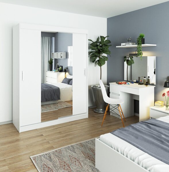 Šatní skříň s posuvnými dveřmi a zrcadlem 150cm bílá