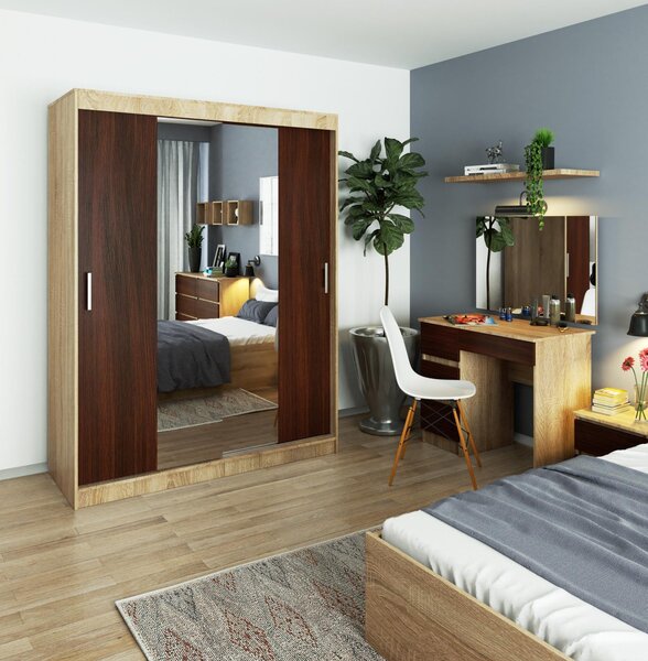 Šatní skříň s posuvnými dveřmi a zrcadlem 150cm dub sonoma / wenge