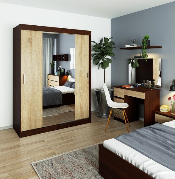 Šatní skříň s posuvnými dveřmi a zrcadlem 150cm wenge / sonoma