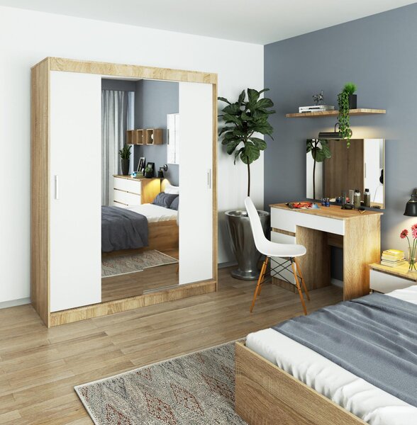 Šatní skříň s posuvnými dveřmi a zrcadlem 150cm sonoma / bílá