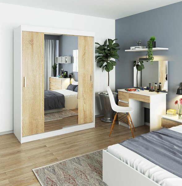 Šatní skříň s posuvnými dveřmi a zrcadlem 150cm bílá / sonoma