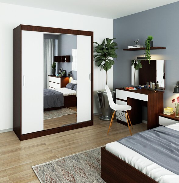 Šatní skříň s posuvnými dveřmi a zrcadlem 150cm wenge / bílá