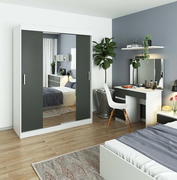 Šatní skřín s posuvnými dveřmi a zrcadlem 150cm bílá / šedá