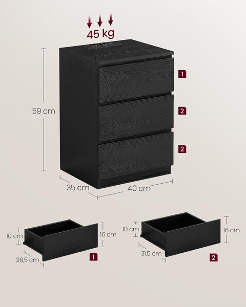 VASAGLE Set 2 nočních stolků 3 zásuvky el. a USB zásuvky černá