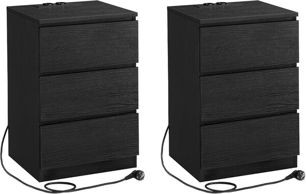 VASAGLE Set 2 nočních stolků 3 zásuvky el. a USB zásuvky černá