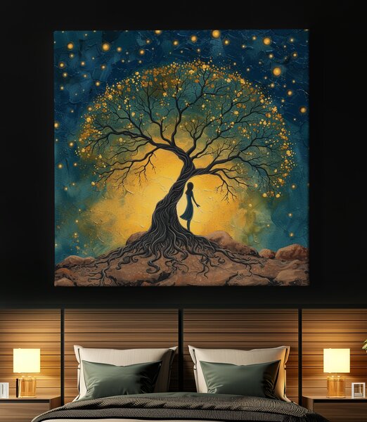 Obraz na plátně - Strom života a dívka Sunrael FeelHappy.cz Velikost obrazu (šířka x výška): 40 x 40 cm