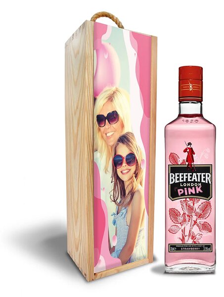 Sablio Dřevěná krabička s potiskem Beefeater Pink gin