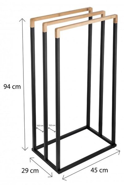 Erga Bila, 3-ramenný věšák na ručníky na postavení 45x29x94 cm, černá matná-hnědá, ERG-YKA-P.BILA3-BLK