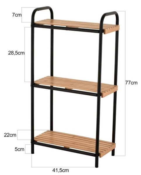 Erga Mike, kovový koupelnový třípolicový regál pro postavení 41,5x11x77 cm, černá-přírodní hnědá, ERG-YKA-P.MIKE