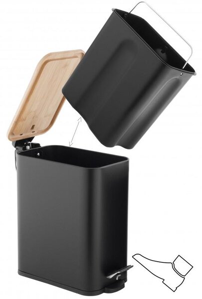 Erga Moby, obdélníkový odpadkový koš 5l na postavení, Soft-Close zavírání, černá matná-přírodní hnědá, ERG-YKA-CH.MOBY-5-BLK