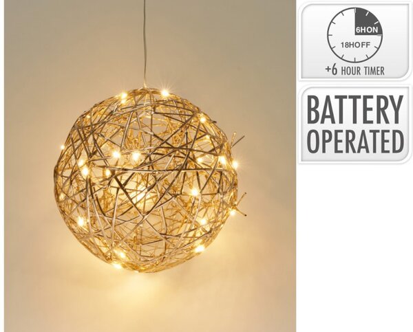 LED vánoční koule s časovačem, kovová, 20 cm, zlatá
