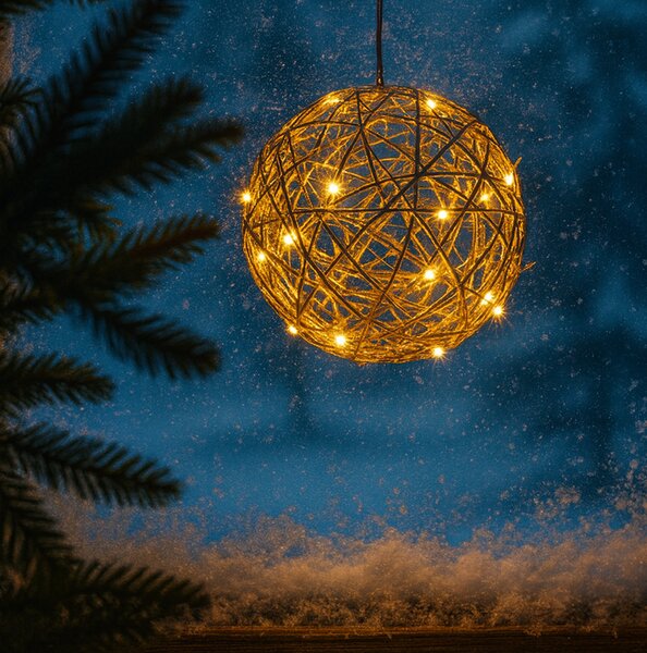 LED vánoční koule s časovačem, kovová, 20 cm, zlatá