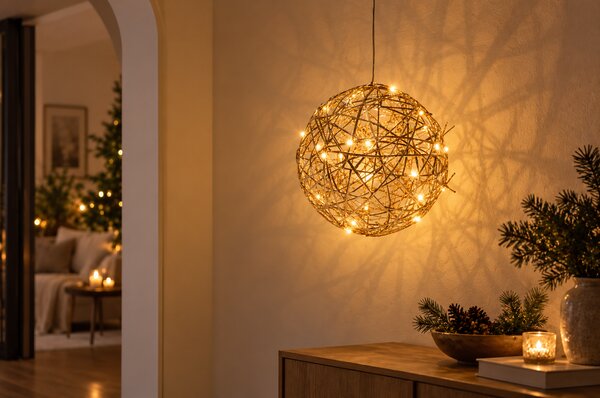 LED vánoční koule s časovačem, kovová, 20 cm, zlatá
