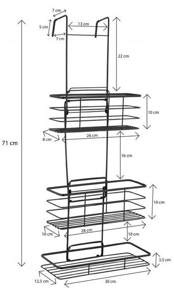 Erga Rafek, trojitá koupelnová polička do sprchy na zavěšení 30x12,5x71 cm, černá matná, ERG-YKA-CH.RAFEK-BLK