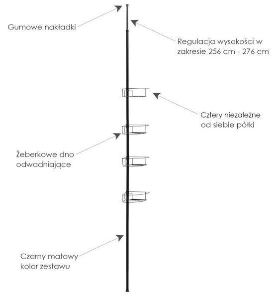 Erga Scopic, rohová teleskopická sprchová tyč 4 policová XL, černá matná, ERG-YKA-CH.SCOPIC-XL-BLK