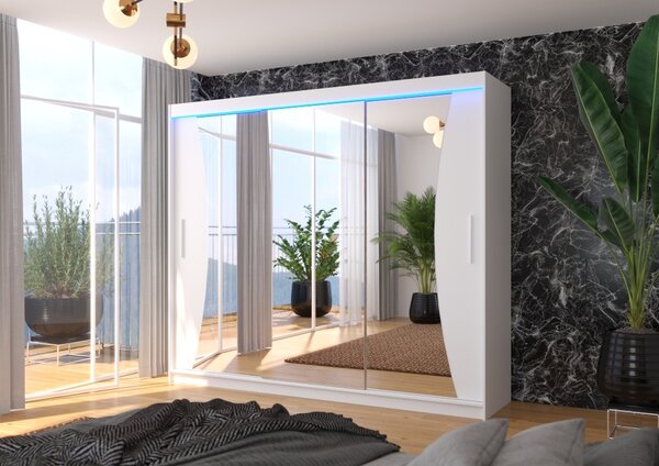 Velká skříň se zrcadlem a LED osvětlením 250 cm CANLIA - bílá