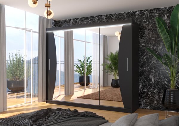Velká skříň se zrcadlem a LED osvětlením 250 cm CANLIA - černá