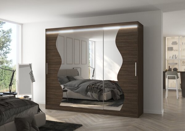 Velká zrcadlová skříň 250 cm s LED osvětlením EARNA - tmavě hnědá