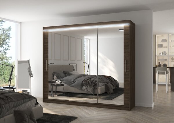 Velká zrcadlová skříň 250 cm s LED osvětlením CALRA - tmavě hnědá