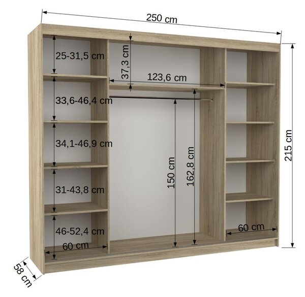 Velká skříň se zrcadlem a LED osvětlením 250 cm CANLIA - bílá
