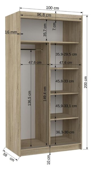 Policová šatní skříň 100 cm BAFRIX - bílá / dub sonoma