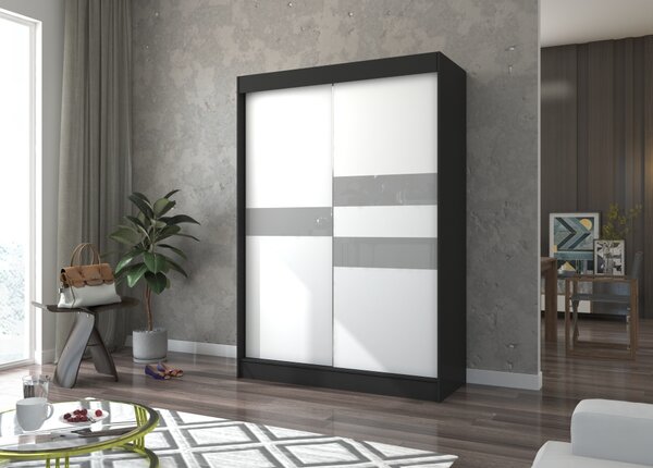 Šatní skříň s posuvnými dveřmi 150 cm ELANA - černá / bílá / šedá
