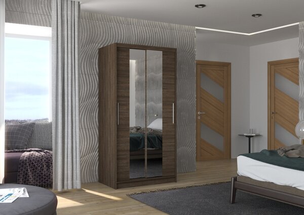 Šatní skříň se zrcadlem 100 cm LAMLA - tmavě hnědá