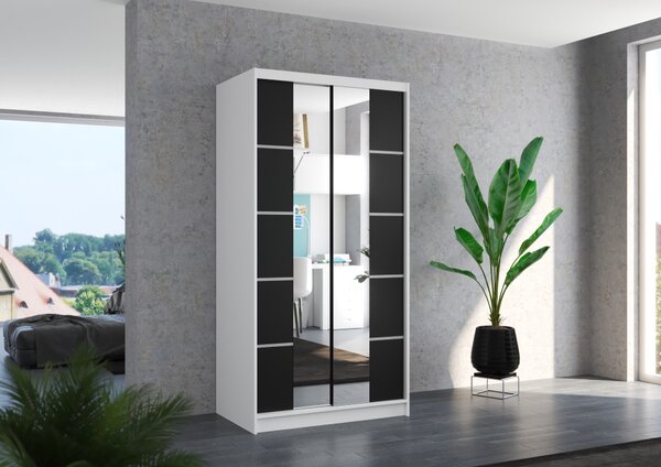 Šatní skříň se zrcadlem 100 cm CADORA - bílá / černá