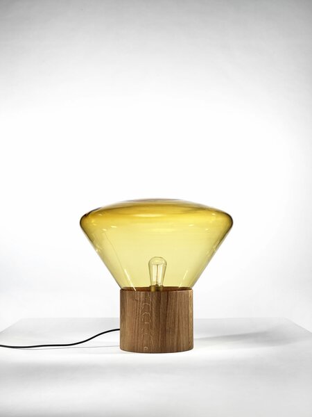 Designová lampa Brokis Muffins Wood PC849 Barva skla: Triplex opál, Barva el. vedení: Textilní kabel - červený, Dřevo: Dub evropský - voskovaný