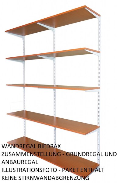 Biedrax Nástěnný regál přídavný 20 x 40 x 200 cm, bílý - 5 polic třešeň