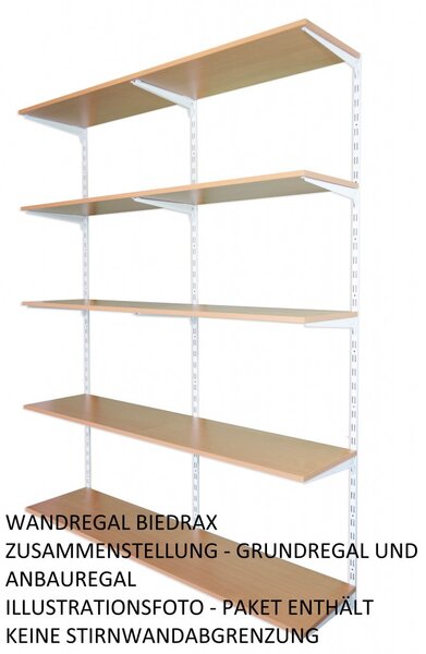 Biedrax Nástěnný regál přídavný 20 x 40 x 200 cm, bílý - 5 polic buk