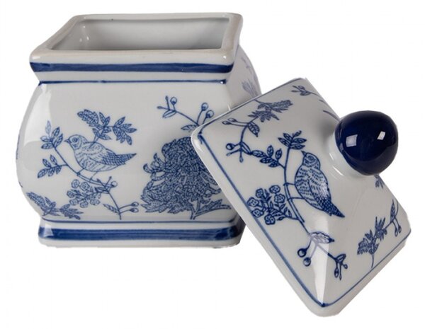 Keramická dózička s modrobílým dekorem s ptáčky v čínském stylu – 13x13x17 cm