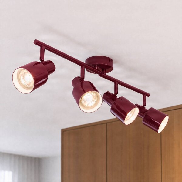 Lindby Stropní bodové světlo Ovelia, tmavě červený, 80 cm, 4 lamelový, E27, stmívatelný, Červená, Obývací pokoj / jídelna, kov, Moderní