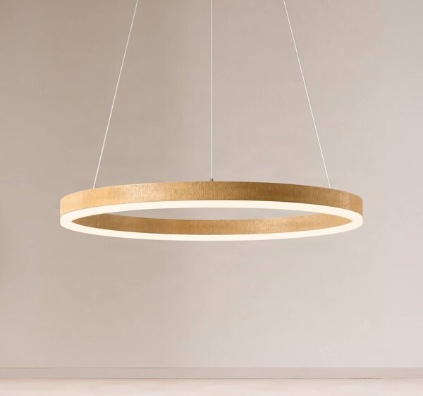 Lucande LED závěsné světlo Thelma, dub přírodní/šedá, Ø 70 cm, stmívatelný, Světlé dřevo, Obývací pokoj / jídelna, Plast, Moderní