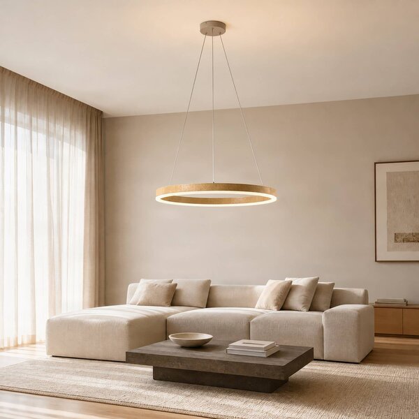 Lucande LED závěsné světlo Thelma, dub přírodní/šedá, Ø 70 cm, stmívatelný, Světlé dřevo, Obývací pokoj / jídelna, Plast, Moderní