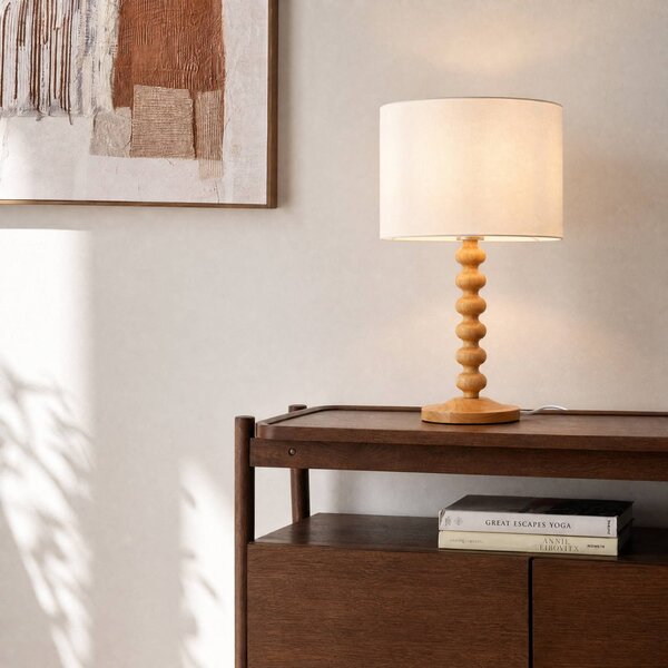 Lucande Stolní lampa Karlie, výška 45 cm, bílá, dřevo, E27, Světlé dřevo, Dřevo