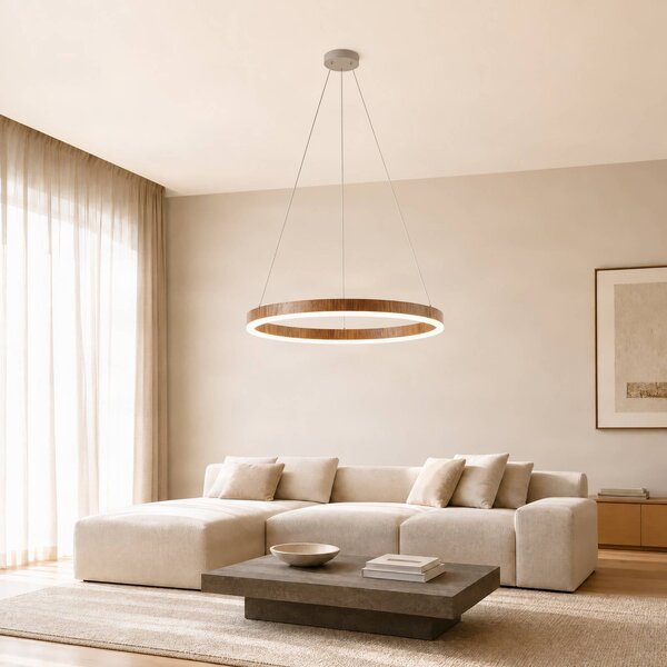 Lucande LED závěsné světlo Thelma, ořech/šedá, Ø 70 cm, stmívatelný, Tmavé dřevo, Obývací pokoj / jídelna, Plast, Moderní