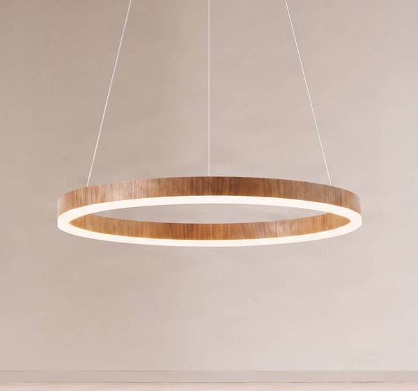 Lucande LED závěsné světlo Thelma, ořech/šedá, Ø 70 cm, stmívatelný, Tmavé dřevo, Obývací pokoj / jídelna, Plast, Moderní
