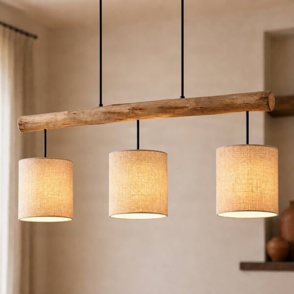 Lucande Závěsné světlo Jorvan, 3 žárovky, 100 cm, dřevo/textil, stmívatelný, Bílá / opál, Obývací pokoj / jídelna, Textil / tkanina / hedvábí, Moderní